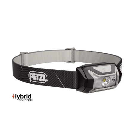 Petzl TIKKA compact 350-lumen headlamp in black with an adjustable headband and red night vision lighting for outdoor camping.