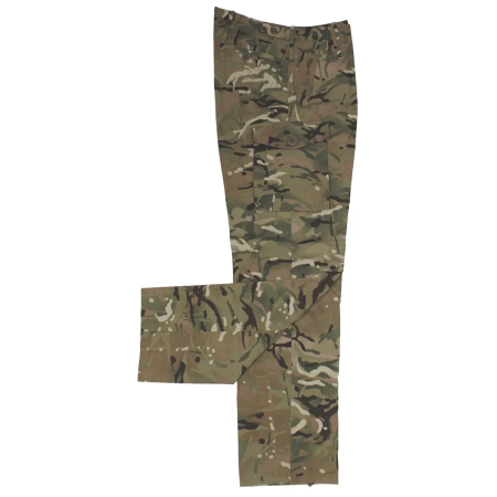 Back view of the used British Army MTP windproof combat pants showing the rear pocket, wide belt loops, and relaxed fit.