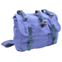 Front view of the used Romanian Army blue canvas bread bag, displaying the main closure flaps and textile straps.