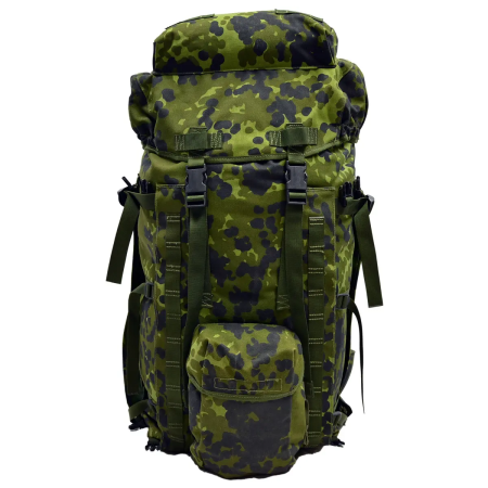 Front view of the original Danish Army INF Long M/96 rucksack in M/84 Flecktarn camo, showing the front MOLLE grid and buckles.