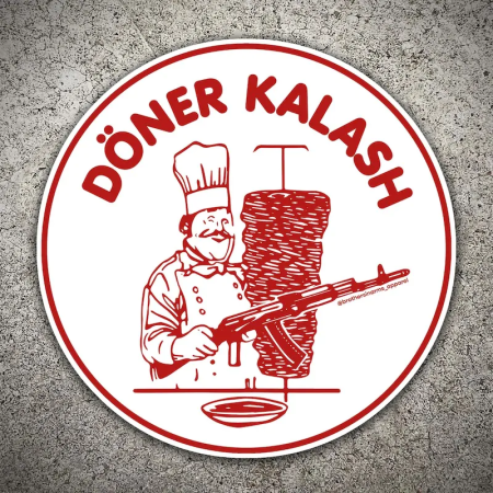 Front view of the 10 x 10 cm Brothers in Arms Döner Kalash premium vinyl sticker. V1