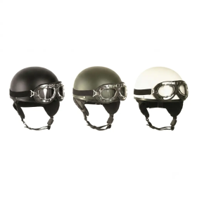Group view showing all three retro half shell helmets (black, olive green, and white) with matching glasses.
