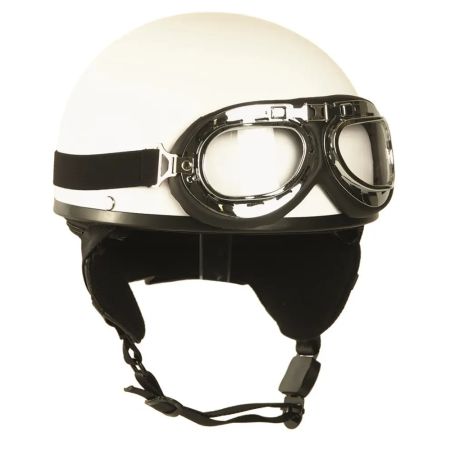 White retro half shell helmet with included protective glasses.