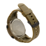 Angle view of the back stainless steel cover plate, strap buckle, and plastic band of the tactical watch.