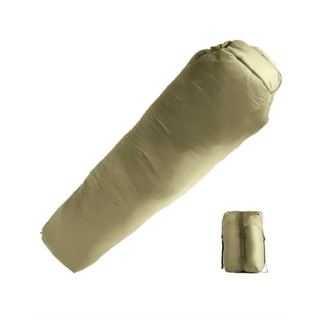 Full layout view of the Mil-Tec Tactical 3 sleeping bag with its compression bag on the side