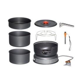 All components of the Atom camping stove and cookware set