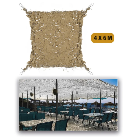 Full view of the desert-colored shadow sail net, creating a stylish and natural outdoor look.