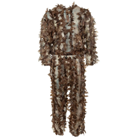 Jacket and trousers of the MFH 3-Piece Leaf Camo Suit featuring a 3D leaf pattern