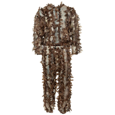Jacket and trousers of the MFH 3-Piece Leaf Camo Suit featuring a 3D leaf pattern