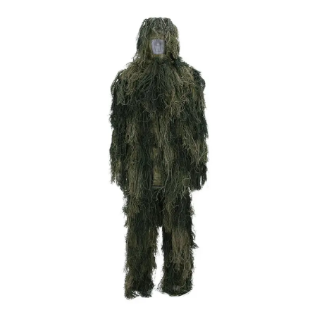 Ghillie suit displayed in woodland camouflage pattern