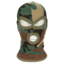 MFH 3-Hole Operation Balaclava in Woodland camouflage pattern shown from the front view