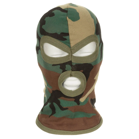 MFH 3-Hole Operation Balaclava in Woodland camouflage pattern shown from the front view