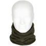 MFH Fleece Neck Gaiter in olive green with the hood worn down around the neck