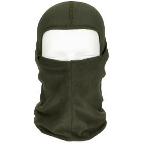 MFH Fleece Neck Gaiter in olive green with the hood fully worn on the head