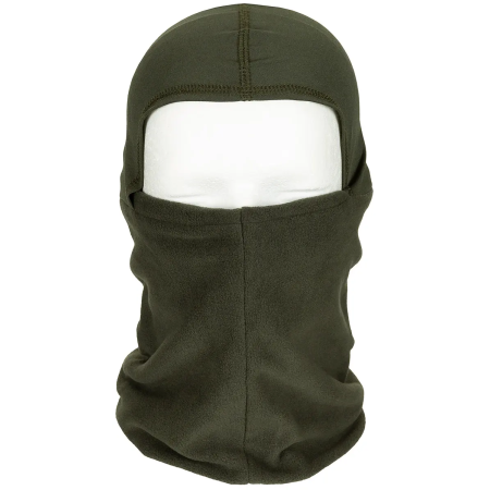 MFH Fleece Neck Gaiter in olive green with the hood fully worn on the head