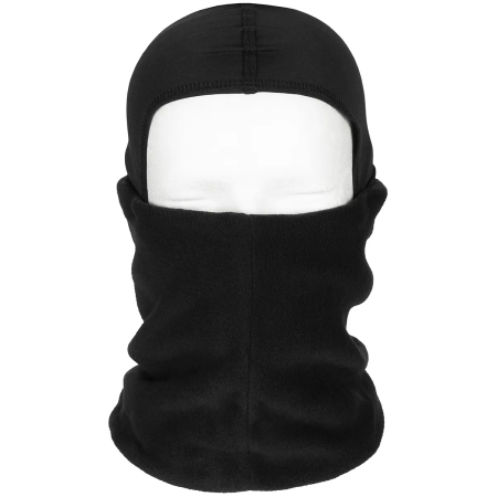 MFH Fleece Neck Gaiter in black with the hood fully worn on the head