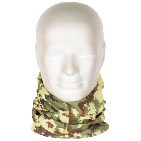 Multifunctional Polyester Neck Gaiter in Vegetato camouflage pattern worn on a mannequin's neck