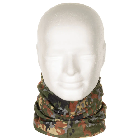 Multifunctional Polyester Neck Gaiter in Flecktarn camouflage pattern worn on a mannequin's neck