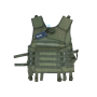 Olive green tactical vest, back view highlighting adjustment straps and rescue handle
