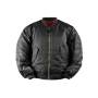 Product view of the black Mil-Tec US Basic MA1 flight jacket, highlighting the tough nylon fabric and ribbed knit collar.