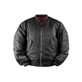 Product view of the black Mil-Tec US Basic MA1 flight jacket, highlighting the tough nylon fabric and ribbed knit collar.