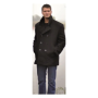 Front view of the black pea coat, showcasing the dark wool fabric and double-breasted design.