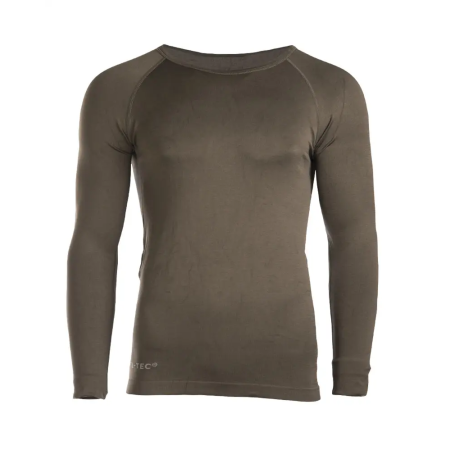Front view of the olive green sports shirt highlighting the flexible fabric.