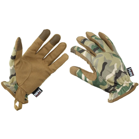 Flat lay view of the lightweight tactical touchscreen gloves in arid operation camouflage.