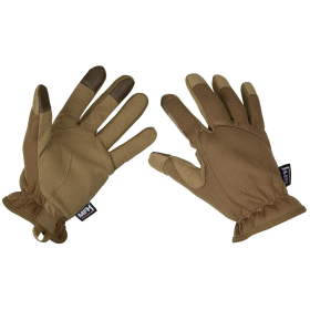 Flat lay view of the lightweight tactical touchscreen gloves in desert-ready coyote tan.
