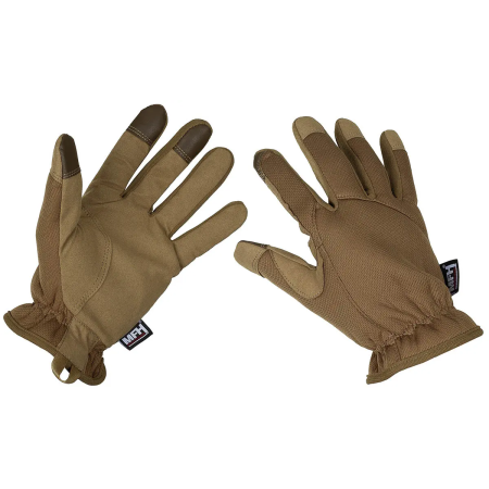 Flat lay view of the lightweight tactical touchscreen gloves in desert-ready coyote tan.