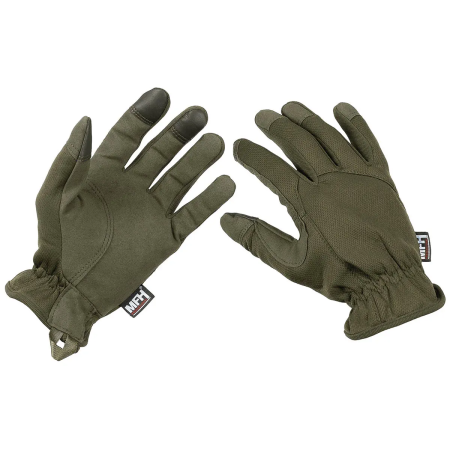 Flat lay view of the lightweight tactical touchscreen gloves in tactical olive green.