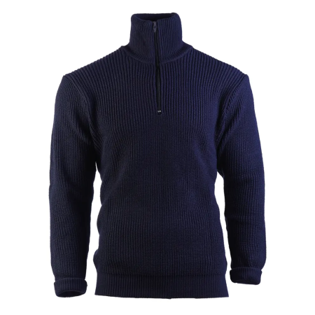 Studio view of the heavyweight Troyer sweater in deep navy blue.