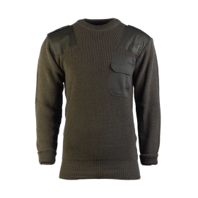 Studio view of the commando wool sweater in tactical olive green.