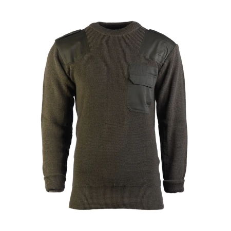 Studio view of the commando wool sweater in tactical olive green.