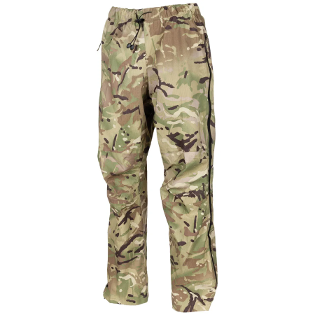 Front view of the lightweight MTP camo rain pants showing the elastic waistband and leg cut.