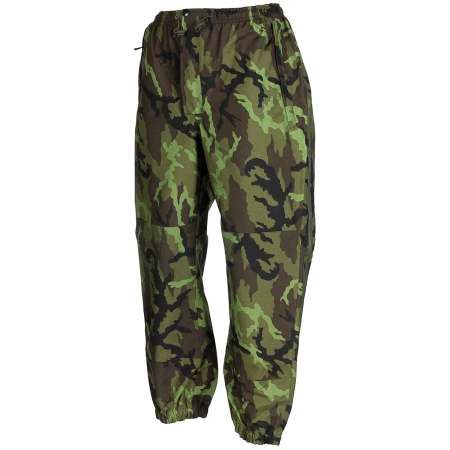 Front view of the Czech ECWCS M95 camo Gore-Tex rain pants showing the waistband and leg construction.