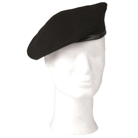 Studio view of the Mil-Tec wool military beret in classic matte black with PVC edge binding.