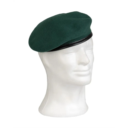Dark green merino wool beret with goatskin leather border.