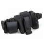 Clean studio view of the tactical duty belt assembled with its universal holster and accessory pouches attached.