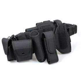Clean studio view of the tactical duty belt assembled with its universal holster and accessory pouches attached.