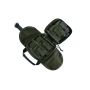 The olive pouch fully opened flat, displaying the internal organization compartments and elastic loops.