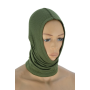 Studio product shot of the olive green thermal winter headband/neck gaiter neatly rolled or styled as a scarf.