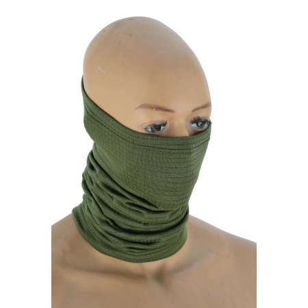 Studio view showing the olive green thermal winter headband worn over the head as a beanie/earmuff.