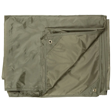 Studio product shot of the OD green tarpaulin neatly folded into a compact square, displaying the durable fabric texture.