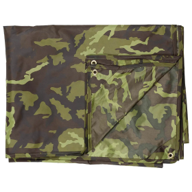Studio product shot of the M95 camouflage tarpaulin neatly folded into a compact square, displaying the distinct pattern.