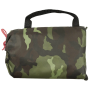Studio product shot of the M95 camouflage tarpaulin packed securely inside its matching transport drawstring bag.
