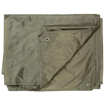 Studio product shot of the OD green tarpaulin neatly folded into a compact square, displaying the durable fabric texture.