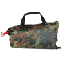 Studio product shot of the Flecktarn camouflage tarpaulin packed securely inside its matching transport drawstring bag.