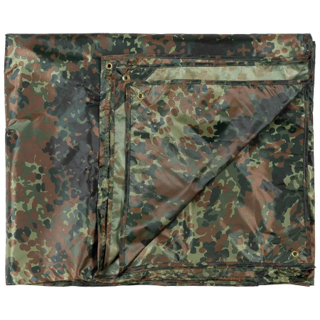 Studio product shot of the Flecktarn camouflage tarpaulin neatly folded into a compact square, displaying the dot pattern.