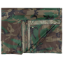 Studio product shot of the Woodland camouflage tarpaulin neatly folded into a compact square, displaying the classic pattern.